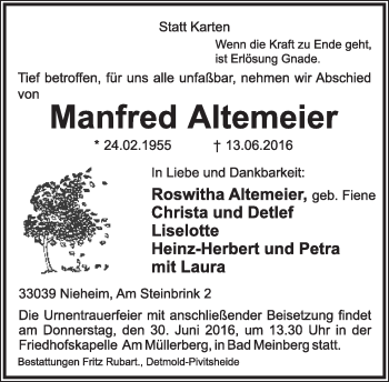 Anzeige  Manfred Altemeier  Lippische Landes-Zeitung