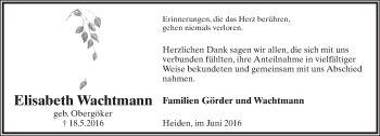 Anzeige  Elisabeth Wachtmann  Lippische Landes-Zeitung