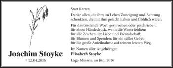 Anzeige  Joachim Stoyke  Lippische Landes-Zeitung