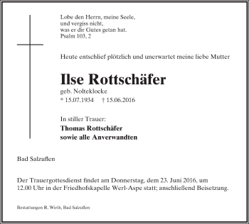 Anzeige  Ilse Rottschäfer  Lippische Landes-Zeitung