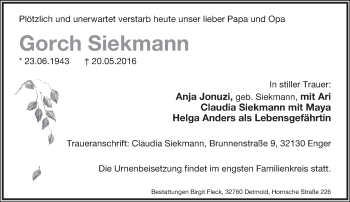 Anzeige  Gorch Siekmann  Lippische Landes-Zeitung