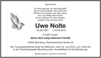 Anzeige  Uwe Nolte  Lippische Landes-Zeitung
