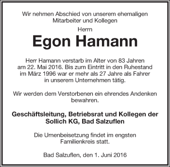 Anzeige  Egon Hamann  Lippische Landes-Zeitung