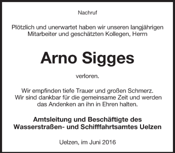 Anzeige  Arno Sigges  Lippische Landes-Zeitung