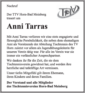 Anzeige  Anni Tarras  Lippische Landes-Zeitung