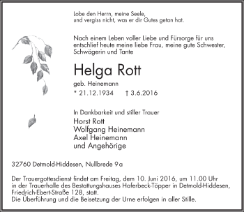 Anzeige  Helga Rott  Lippische Landes-Zeitung