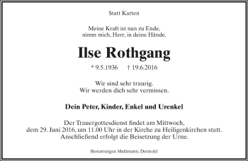 Anzeige  Ilse Rothgang  Lippische Landes-Zeitung