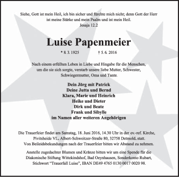 Anzeige  Luise Papenmeier  Lippische Landes-Zeitung