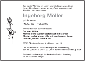 Anzeige  Ingeborg Möller  Lippische Landes-Zeitung
