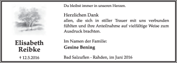Anzeige  Elisabeth Reibke  Lippische Landes-Zeitung