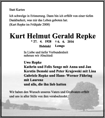 Anzeige  Kurt Helmut Gerald Repke  Lippische Landes-Zeitung
