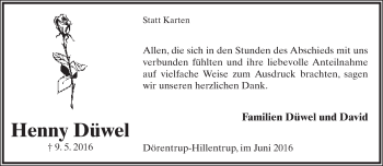 Anzeige  Henny Düwel  Lippische Landes-Zeitung
