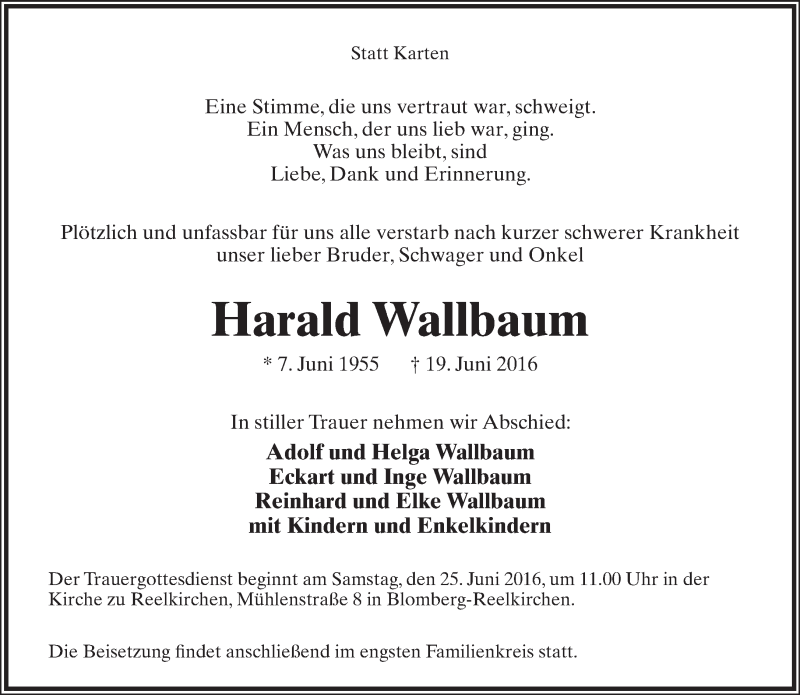  Traueranzeige für Harald Wallbaum vom 22.06.2016 aus Lippische Landes-Zeitung
