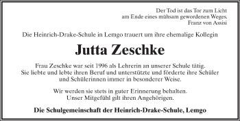 Anzeige  Jutta Zeschke  Lippische Landes-Zeitung