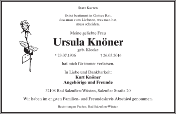 Anzeige  Ursula Knöner  Lippische Landes-Zeitung