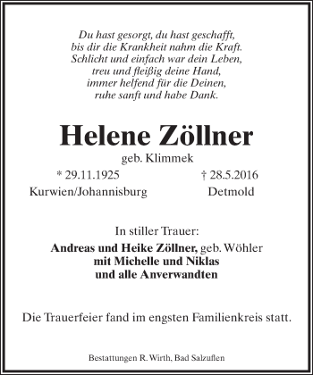 Anzeige  Helene Zöllner  Lippische Landes-Zeitung