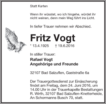 Anzeige  Fritz Vogt  Lippische Landes-Zeitung