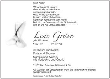 Anzeige  Lene Gräve  Lippische Landes-Zeitung