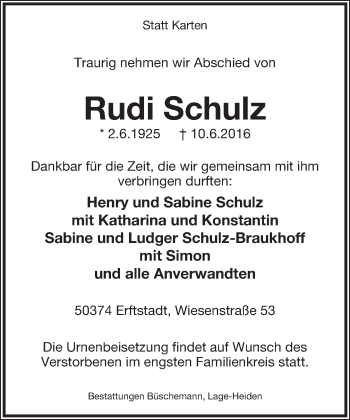 Anzeige  Rudi Schulz  Lippische Landes-Zeitung