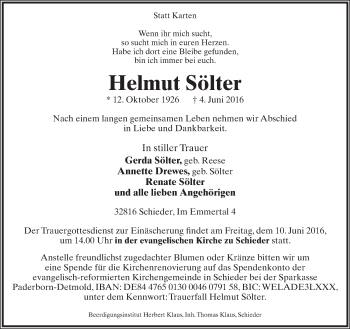 Anzeige  Helmut Sölter  Lippische Landes-Zeitung