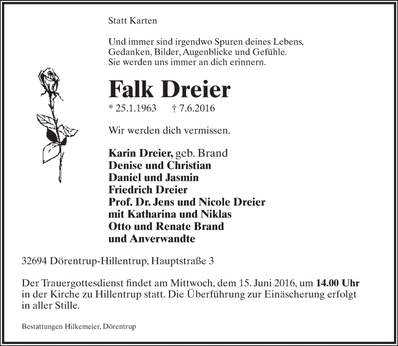  Traueranzeige für Falk Dreier vom 11.06.2016 aus Lippische Landes-Zeitung