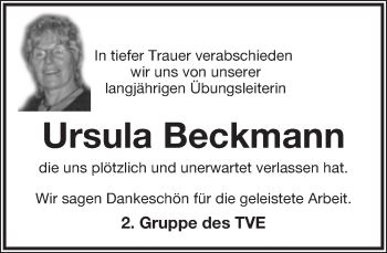 Anzeige  Ursula Beckmann  Lippische Landes-Zeitung
