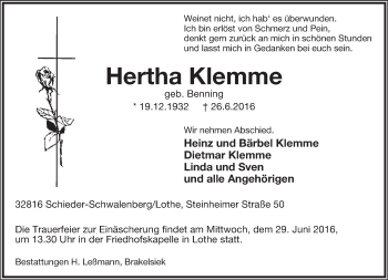 Anzeige  Hertha Klemme  Lippische Landes-Zeitung