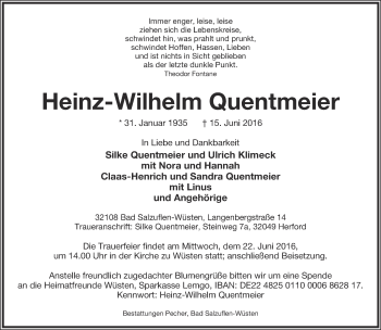 Anzeige  Heinz-Wilhelm Quentmeier  Lippische Landes-Zeitung