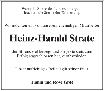 Anzeige  Heinz-Harald Strate  Lippische Landes-Zeitung