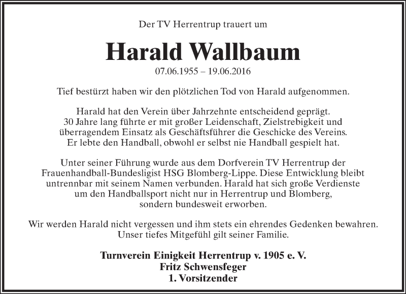  Traueranzeige für Harald Wallbaum vom 25.06.2016 aus Lippische Landes-Zeitung