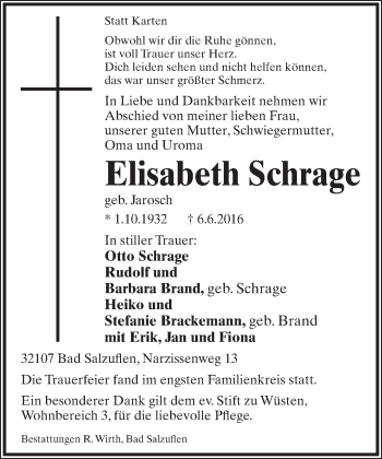 Anzeige  Elisabeth Schrage  Lippische Landes-Zeitung