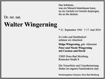 Anzeige  Walter Wingerning  Lippische Landes-Zeitung
