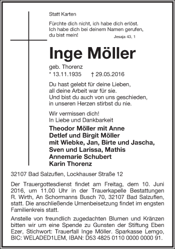 Anzeige  Inge Möller  Lippische Landes-Zeitung