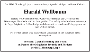 Anzeige  Harald Wallbaum  Lippische Landes-Zeitung