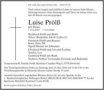 Anzeige  Luise Prölß  Lippische Landes-Zeitung