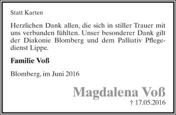 Anzeige  Magdalena Voß  Lippische Landes-Zeitung