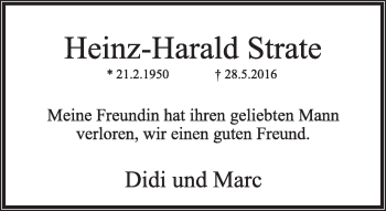 Anzeige  Heinz-Harald Strate  Lippische Landes-Zeitung