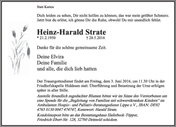 Anzeige  Heinz-Harald Strate  Lippische Landes-Zeitung