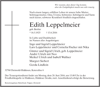 Anzeige  Edith Leppelmeier  Lippische Landes-Zeitung