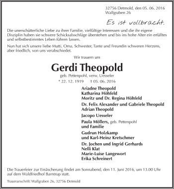 Anzeige  Gerdi Theopold  Lippische Landes-Zeitung
