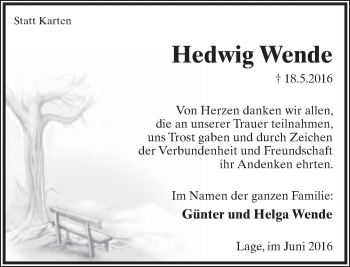Anzeige  Hedwig Wende  Lippische Landes-Zeitung