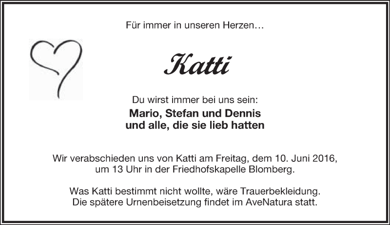  Traueranzeige für Katti  vom 08.06.2016 aus Lippische Landes-Zeitung