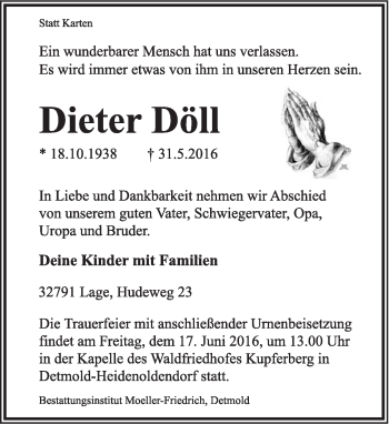 Anzeige  Dieter Döll  Lippische Landes-Zeitung