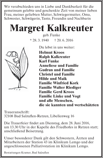 Anzeige  Margret Kalkreuter  Lippische Landes-Zeitung