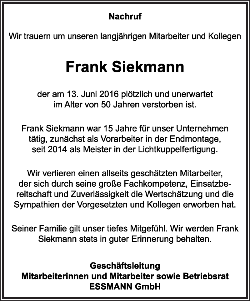  Traueranzeige für Frank Siekmann vom 18.06.2016 aus Lippische Landes-Zeitung