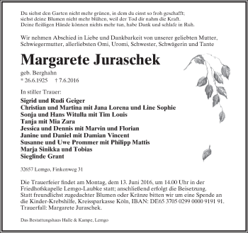 Anzeige  Margarete Jurascheck  Lippische Landes-Zeitung
