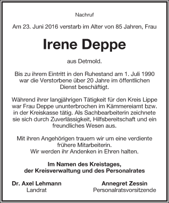 Anzeige  Irene Deppe  Lippische Landes-Zeitung