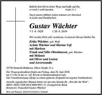 Anzeige  Gustav Wächter  Lippische Landes-Zeitung
