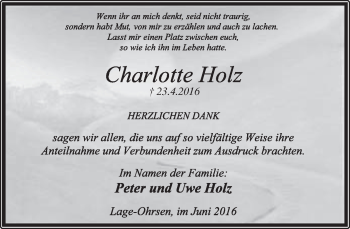 Anzeige  Charlotte Holz  Lippische Landes-Zeitung