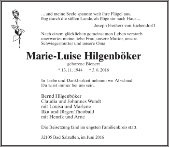 Anzeige  Marie-Luise Hilgenböker  Lippische Landes-Zeitung